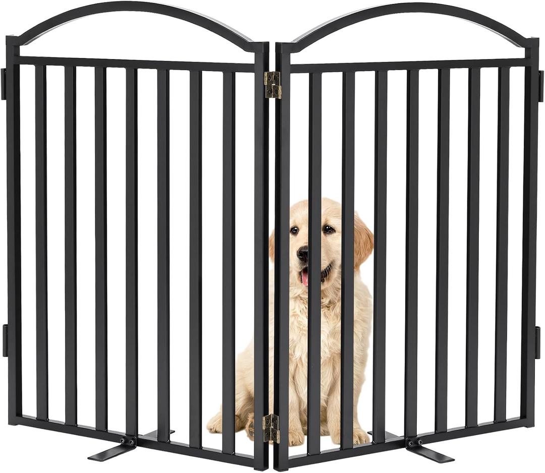 Malier Metal Freestanding Dog Gates, 32'' Height Outdoor Indoor Dog Fences, 48'' Extra Wide Pet Gate, Foldable Puppy Free Standind Tall Pet Gate for Stairs, Hallways, Doorways, Yard (Black 2 Panels)