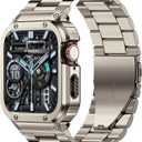 MioHHR Stainless Steel Band and Case Compatible with Apple Watch Band 44mm 42mm (Series 3/2/1), Men Metal Protective Bumper Cover for iWatch Series 6/5/4/3/2/1/SE/SE2/SE3, Titanium Color