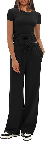 Darong Women's 2 Piece Outfits Casual Short Sleeve Pullover Tops and Wide Leg Pants Tracksuits Lounge Sets Trendy Clothes (Coffee(31" Inseam)) Darong Women's 2 Piece Outfits Casual Short Sleeve Pullover Tops and Wide Leg Pants Tracksuits Lounge Sets Trendy Clothes (Coffee(31" Inseam))