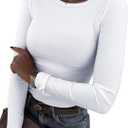 Roselux Womens Long Sleeve Stretch Crewneck Ribbed T-Shirt Fitted Casual Basic Tops (Medium) White