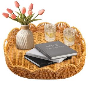Elliptical Rattan Scalloped Tray, Woven Basket Tray with Bulit-in Handles Scalloped Edges Serving Tray for Coffee Table Living Room Home Decor 14.2" L x 10.9" W x 3.4" H