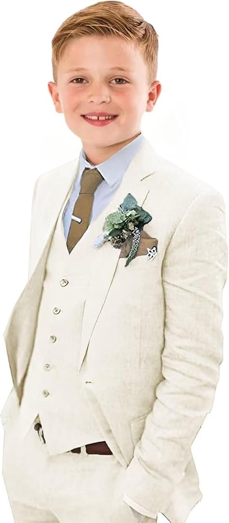 Boys Linen Suit Slim Fit 3 Piece Summer Beach Wedding Light Weight Suit Kids Linen Suit Jacket Vest Pant Set (16, Ivory)