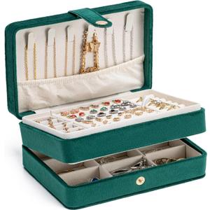 MODENGKONGJIAN Jewelry Organizer Box, 2-Layer Large Jewelry Storage Case, Portable Travel Jewelrys Display Holder for Earrings, Necklaces, Bracelets (Green,Velvet)
