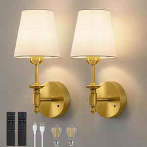 WOSHITU Battery Operated Wall Sconce: Brass Sconces Set of 2 with 2 Remote & 2 Dimmable Bulb Brushed Gold Rechargeable Cordless Sconces Wall Decor Set of Two Wall Light for Bedroom Living Room