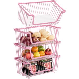 4 Pcs Stackable Wire Baskets for Pantry Organizers and Storage,Vegetable Fruit Basket for Countertop,Kitchen Storage Metal Baskets,Produce Potato Onion Storage Bin,pink