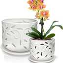 KERUITA Orchid Pots with Holes,6 inch + 5 inch Ceramic Planters Set of 1Bottom Tray, Enhanced Drainage and Ventilation,White Flower Pots for Indoor/Outdoor Plants for Repotting