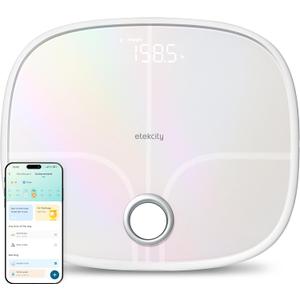 Etekcity Smart Rechargeable Scale for Body Weight, BMI, Fat, Muscle Mass, FSA&HSA Eligible, Digital Bathroom Scale with 13 Metrics, Secret Mode, Bluetooth Connect to Free Apps, Rainbow White