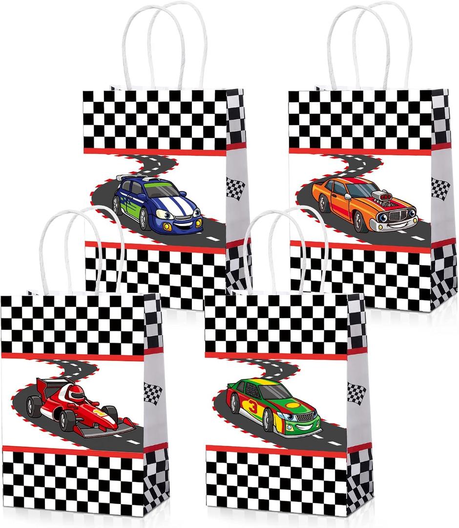Sabary 24 Pieces Racing Car Party Favor Bags Car Goodie Treat Candy Paper Bags with Handles for Kids Checkered Racing Flag Themed Birthday Party Supplies Decorations