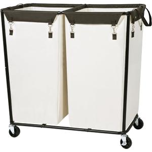 STO STO 280L Rolling Industrial Laundry Hamper with Wheels, 2-Compartment Extra Large Laundry Sorter, Heavy Duty Dirty Clothes Basket Cart with Metal Frame for Home or Commercial Use, Beige