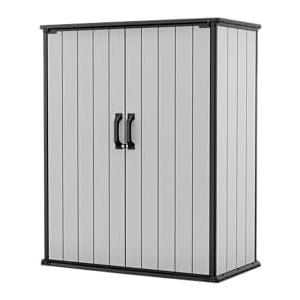 Keter Premier Tall 4.6 x 5.6 ft. Resin Outdoor Storage Shed with Shelving Brackets for Patio Furniture, Pool Accessories, and Bikes, Grey & Black