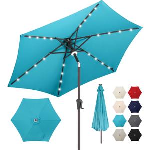 7.5ft Solar Umbrella Outdoor - Lighted Patio Umbrella with 24 LED Lights Waterprool Uv Protection, Table Umbrella with Tilt & Crank for Pool, Porch, Garden, Deck, Backyard(Sky Blue)