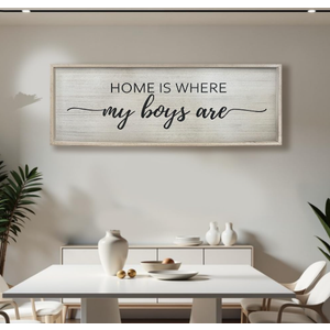 Home Is Where My Boys Are Wood Plaque Sign - 40 x15 Inch Rustic Wall Art for Living Room, Bedroom, Farmhouse Wall Decoration, Ready to Hang Family Decor (White)