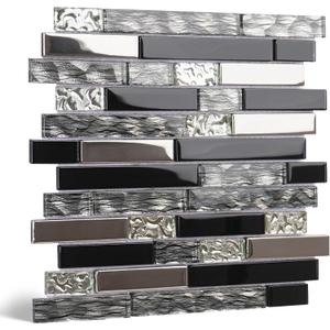 5-Sheet Glass Backsplash Tiles, 5 Square Feet Black Glass Mosaic Backsplash Subway Metal Tile for Kitchen Wall Bathroom