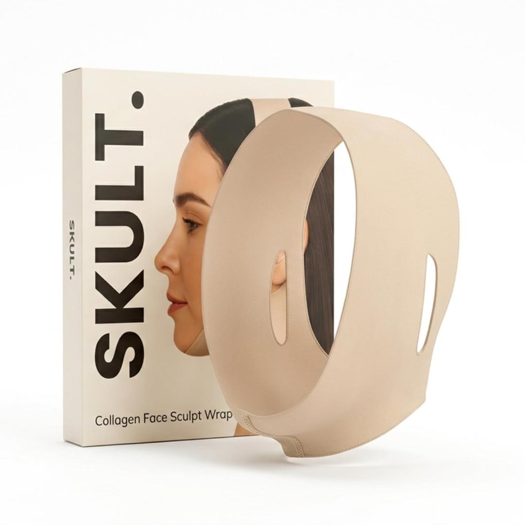 SKULT Collagen Face Sculpt Wrap for Chin & Jawline, Reusable Chin Strap for Sleeping, Adjustable Jawline Shaper Mask, Breathable Skin-Friendly Face Wrap (Beige)