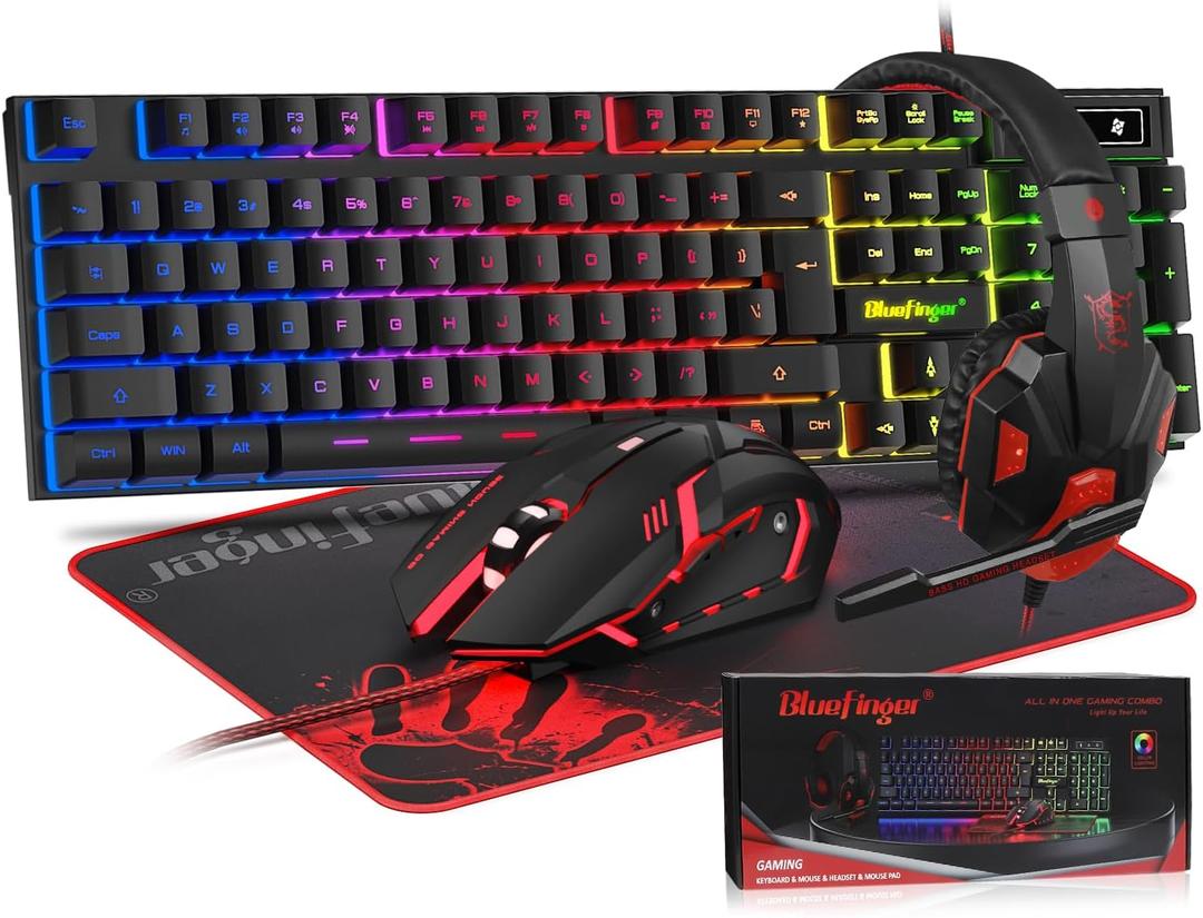 BlueFinger RGB Gaming Keyboard and Backlit Mouse and Headset Combo, USB Wired Backlit Keyboard, LED Gaming Mouse Set, Headset with Microphone for Laptop PC Computer Game and Work