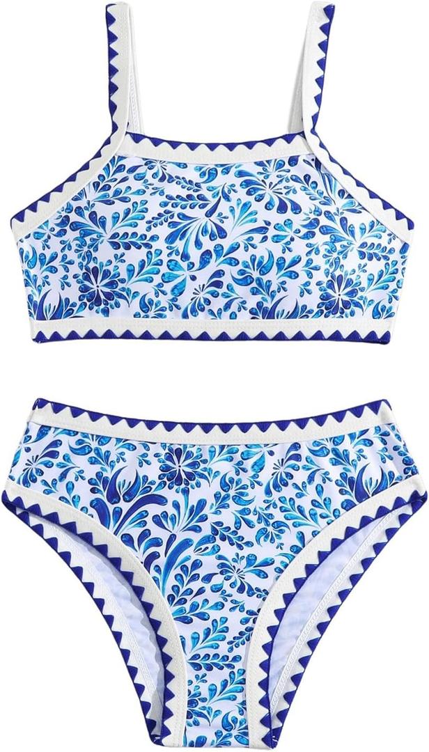 SHENHE Girl's High Waisted Swimsuit Floral Graphic Contrast Binding 2 Piece Tankini Set Swimwear (Blue) 11Y