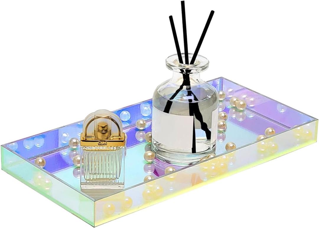 ROYALITA Iridescent Acrylic Vanity Tray 10x5 Inch - Small Acrylic Trays Perfume Tray Spill Proof, Decorative Tray for Bathroom Countertop, Wedding Decor, Aromatherapy Storage, Office Desk