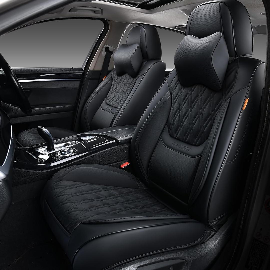 Black Car Seat Covers Front Pair, Breathable Leather Automotive Front Seat Covers with Headrest, Universal Automotive Vehicle Seat Cover for Most Sedan SUV Pick-up Trucks