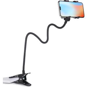 Gooseneck Phone Holder for Bed - [Upgraded Stable Clip] for Desk, Headboard, Bed, Bedside, Table, Flexible Long Arm Stand, Overhead Cell Phone Clamp Mount, for All 4-7 Devices-Black