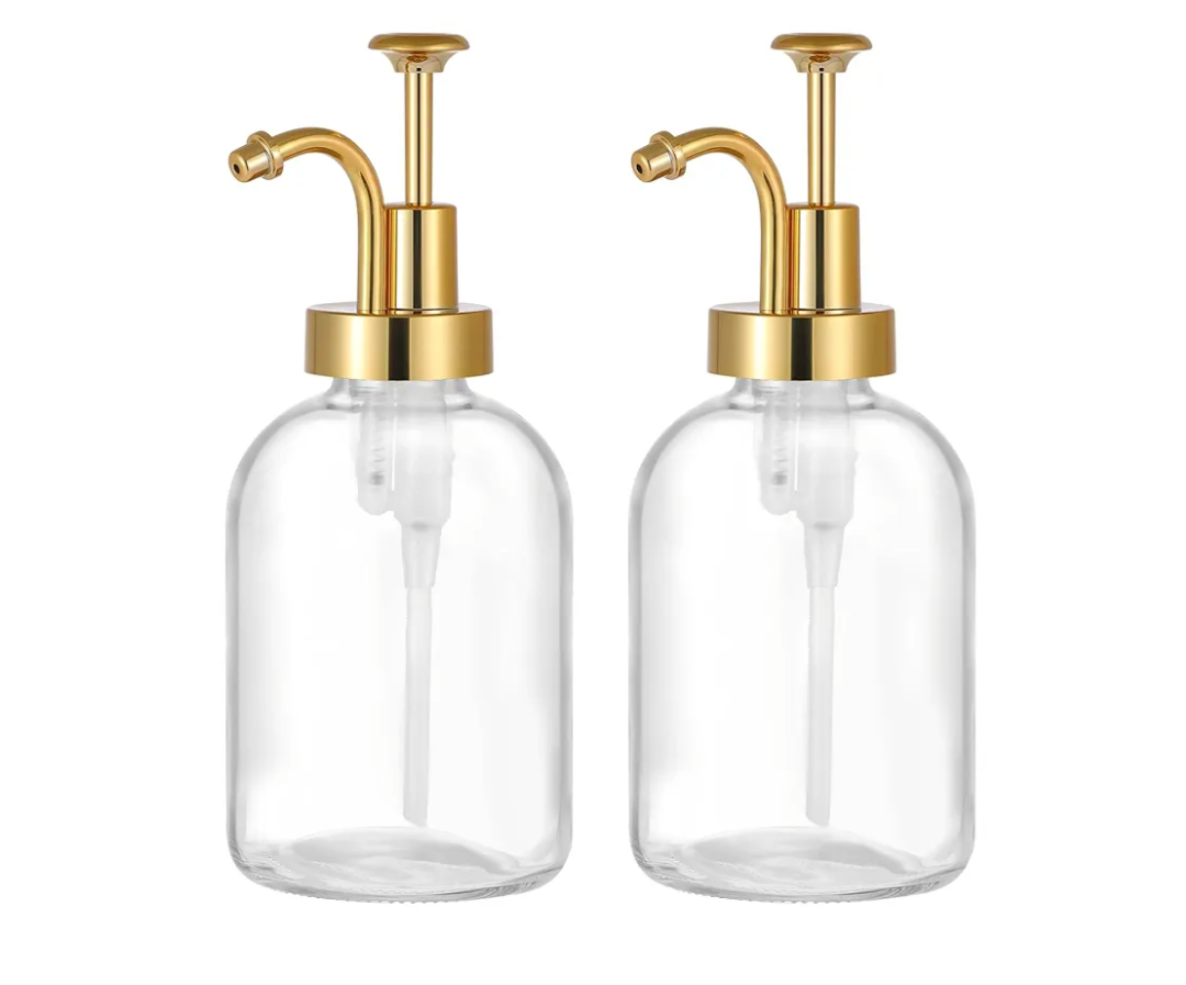 2 Pack Thick Clear Glass Jar Soap Dispenser with Gold Pump, 17oz Clear Boston Round Bottles Dispenser with Rustproof Pump