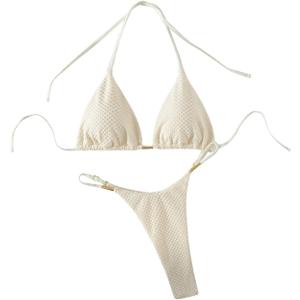 GORGLITTER Women's Thong Bikini Sets Halter Triangle Top High Cut Thong Bikini Bottom Swimsuit Bathing Suit Summer Beach, Small