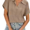 Cakulo Spring Summer Crochet Tops for Women 2025 Crop Knit Short Sleeve Polo V Neck Collared Hollow Out Sweater Top (Large, Khaki)
