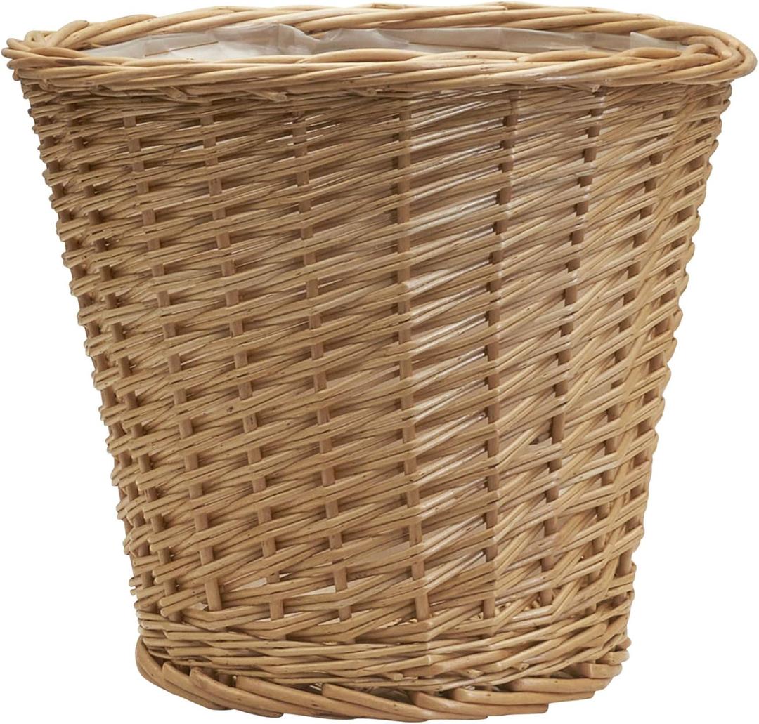 Household Essentials Willow Wicker Waste Basket, Medium, Handwoven with Built-in Plastic Liner, Durable and Attractive Weave, Tapered Design, Compact, Easy to Clean, Natural