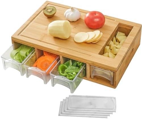 NOVAYEAH Bamboo Cutting Board with 4 Containers, Large Chopping Board with Juice Grooves, Easy-grip Handles & Food Sliding Opening, Carving Board with Trays for Food Storage, Transport and Cleanup