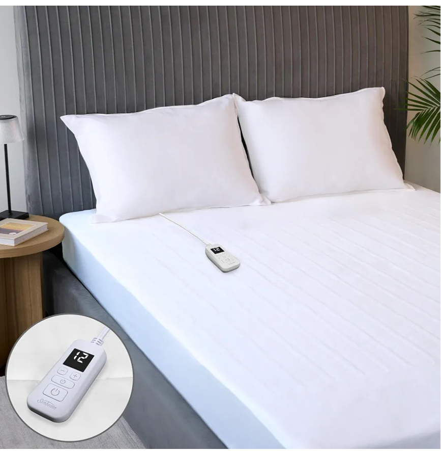 Sunbeam Electric Heated Mattress Pad Full 75" x 54" 12 Heat Settings 12-Hour Auto Shut-Off Fast Heating Soft Cozy Fabric Deep Pocket Skirt Machine Washable