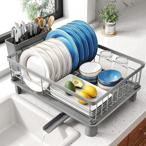 SNTD Dish Drying Rack - Small Dish Rack for Kitchen Counter, Stainless Steel Dish Drainer with Utensil Holder and Drainboard, 12.9" W x 16.9" L (Grey)