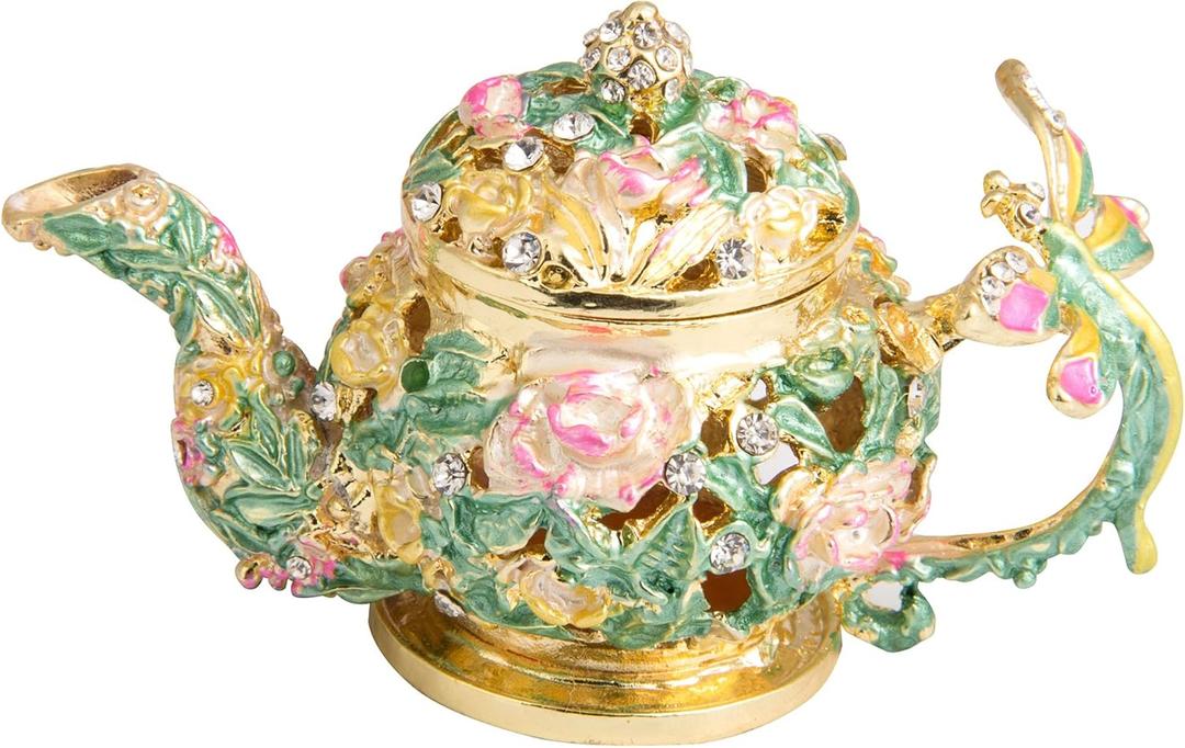 QIFU Hand Painted Teapot Style Enameled Trinket Box Hinged Unique Gift for Home Decor  (Gold Green)