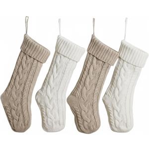 ELEGANTPARK Christmas Stockings 4 Pack Knitted Flaxen White Christmas Stockings Large Xmas Decoration for Holiday Fireplace Hanging Holiday Decoration for Family Kids Xmas 18 Inch