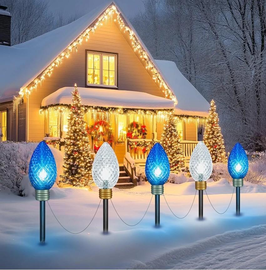 Moonflor Strawberry Super Jumbo C9 Christmas Pathway Lights Outdoor - 2 Pack Total 22 FT 10 LED Jumbo C9 Pathway Lights, Hanging Christmas Light Outdoor Decorations for Lawn Yard, Blue & Pure White