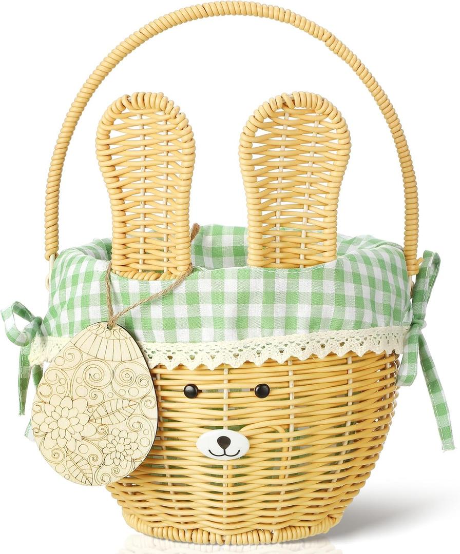 DoubleFill 1pcs Wicker Easter Basket Wicker Picnic Basket with Tag Empty Rattan Bunny Basket with Handles & Liner Willow Hamper Basket for Eggs & Candy Storage Fruit (Green Plaid)