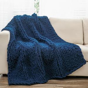 YAAPSU Chunky Knit Throw Blanket for Couch, 51"x63", 100% Hand Knitted Thick Cable Knit with Cozy Jumbo Chenille Yarn, Soft Large Rope Knot Crochet Blankets for Sofa Bed Living Room Dcor, Navy Blue