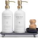 [Luxury] Kitchen Soap Dispenser Set - 16OZ White Glass Bottle, Stainless Steel Pump, Instant Dry Tray, Waterproof Labels, Non-Slip Silicone Pad, and Dish Brush | Upgrade for Your Kitchen and Bathroom