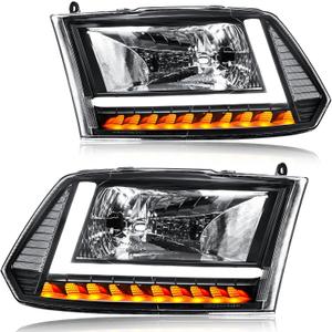 LED DRL Headlight Assembly, Fit 2009-2018 Dodge Ram 1500/10-18 Ram 2500 3500 4500 5500(Only fit factory dual beam halogen headlights, Additional H4 bulb required) Black Housing Clear Reflector