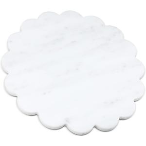 Newtay 12 Inches Marble Cutting Board Round Marble Tray White Scalloped Board with Non Slip Decorative Pastry Tray for Kitchen Pizza Cake Bread Baking Cheese Display