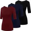 Huukeay 3 Pack Women's Half Sleeve Tops 1/2 Sleeve T-Shirt Womens Basic Round Neck Slim Fit Tight Casual Elbow Summer Tees Large