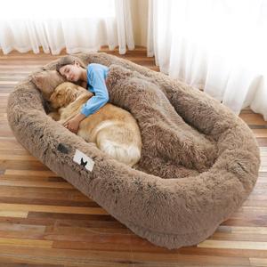 WROS Human Dog Bed, Large Dog Beds for Humans Size Fits You and Pets, Washable Faux Fur Orthopedic Human Pet Bed for People Doze Off, Napping, Present Pillow, Blanket, Strap - Khaki