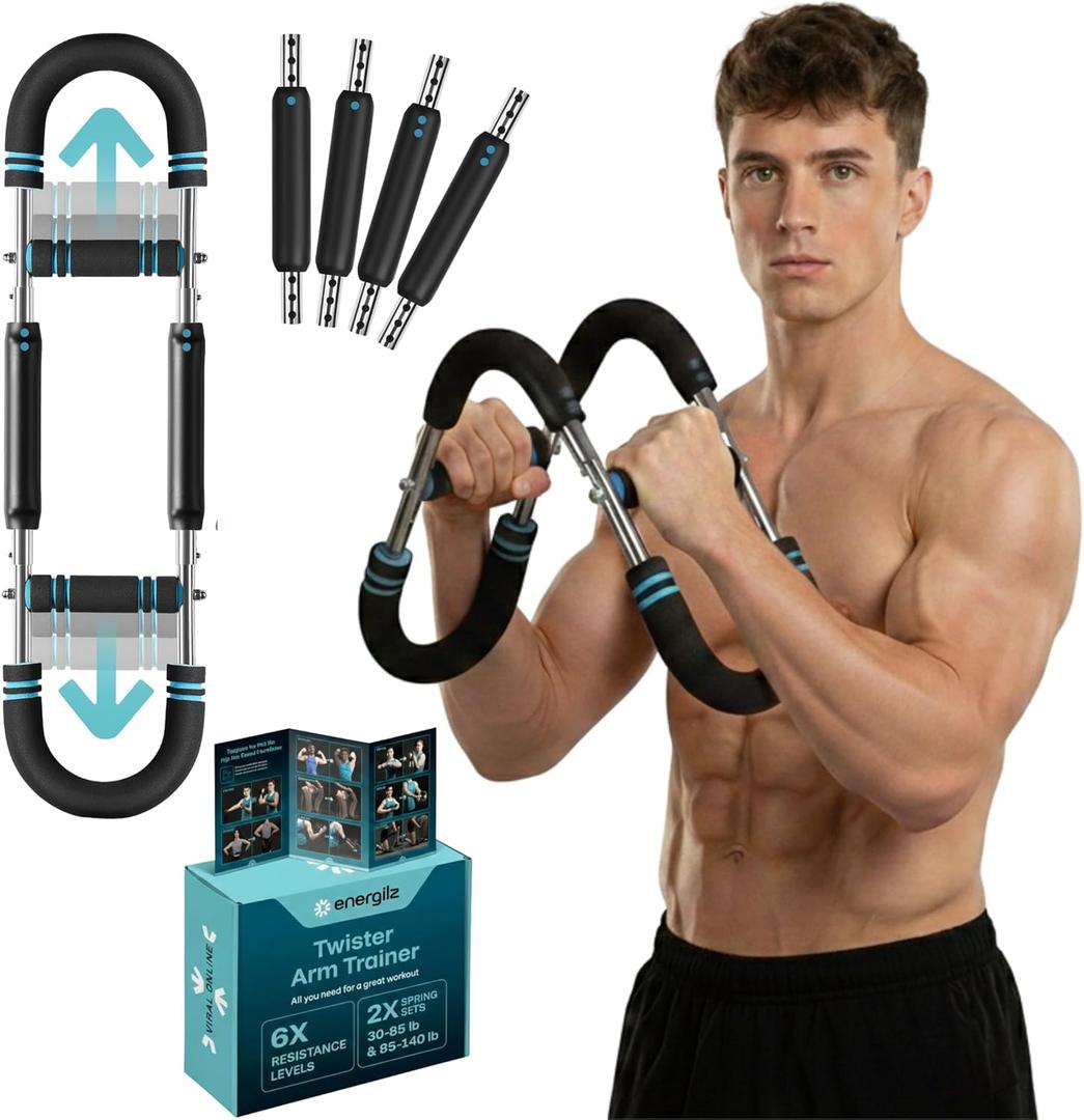 Twister Arm Trainer | Chest Workout Equipment Also for Biceps, Shoulders, Forearms, Back, Legs; Arm Chest Trainer for Men, Women, Beginners, Pros | 2 Spring Sets, 6 Resistance Levels (Blue)