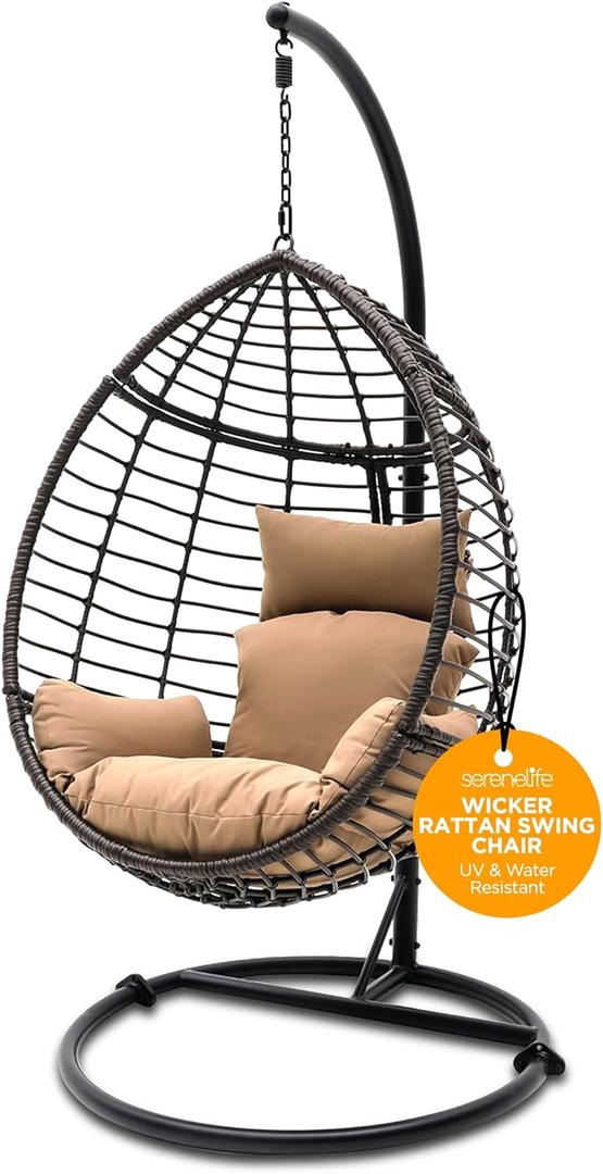 Hanging Egg Chair with Stand - Indoor Outdoor Patio Wicker Rattan Lounge Chair with Stand, Steel Frame, Washable Cushions for Garden Backyard Deck Sunroom - SereneLife SLGZ0EGBR.3 (Brown)