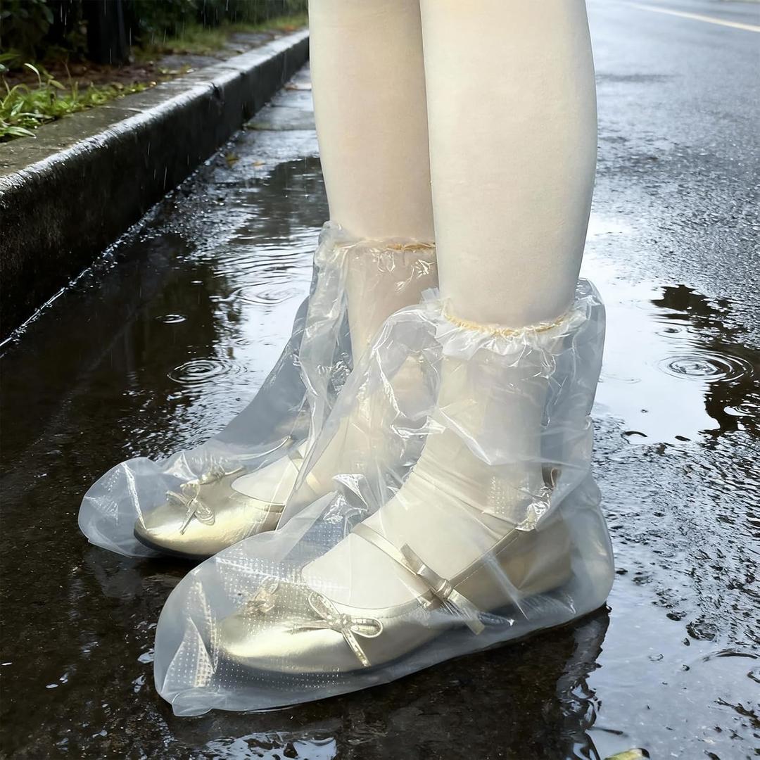 BEVTEE Waterproof Shoe Covers Disposable 10 Pairs, Plastic Shoe Covers for Rain, Wear-Resistant Boot Covers for Men and Women, Outdoor Rain Cover Boot, Fits Women US 6.59 & Men US 68, Travel(Clear)