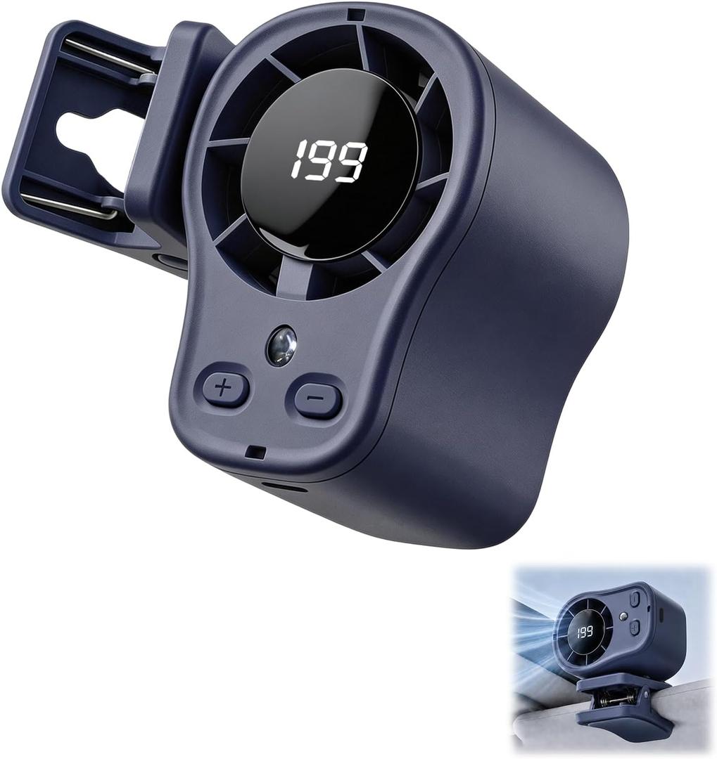 Portable Clip on Air Conditioner Fan for Car with LED Display, 360 Rotation 199 Speeds Mini Cooling Fans, USB Rechargeable Personal Fan for Car Vehicle, Travel, Stroller, Office, Camping