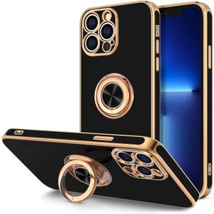 Hython for iPhone 13 Pro Max Case with Ring Stand [360Rotatable Ring Holder Magnetic Kickstand] [Plated Rose Gold Edge] Slim Soft TPU Cover Luxury Protective Phone Case for Women Men, Black