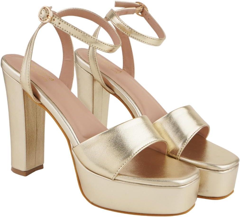 Womens Block Chunky Platform High Heel Sandals  Open Toe Ankle Strap Dress Pump for Wedding, Party, Evening, Prom & Dance (5.5, Golden)