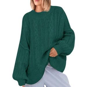 Saodimallsu Women's Oversized Sweaters Chunky Cable Knit Crew Neck Casual Long Lantern Sleeve Fall Tunic Sweater Tops (X-Large, Dark Green)
