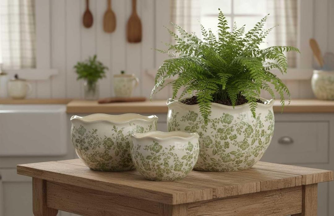 Galt International Ceramic Plant Pots Set of 3 Rustic Vintage Farmhouse Cream Crackle Glaze (11"/ 9.6"/ 7") Garden Indoor Outdoor Flower Planter w/Drainage Hole (Vintage Green)