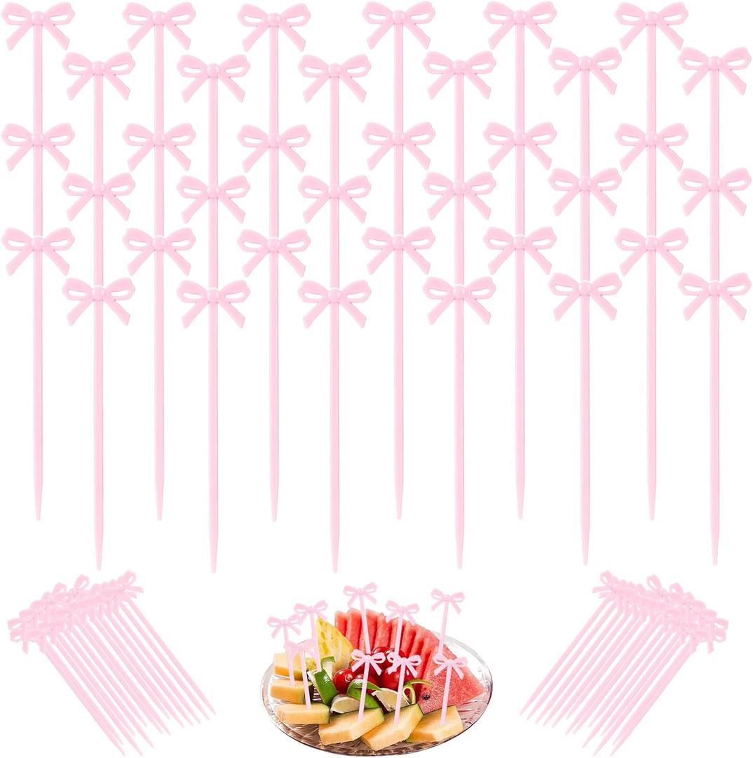 100 Pcs Fruit Fork Pink Cocktail Picks Party Food Sticks Bow Cocktail Picks Cocktail Sticks Bows Decor Bow Design Dessert Picks Suitable For Halloween Party, Wedding Banquets, Christmas Party