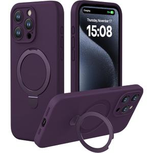 CellEver Strong Magnetic Case for iPhone 15 Pro Max [for MagSafe Charging] [Camera Protection] Heavy-Duty Protection, Soft Grip Silicone Cover with Kickstand, Deep Purple